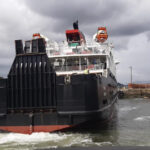 The damaged ferry, MV Hebrides, arrives in Gourock on Friday. NO F21 MV Hebrides 01