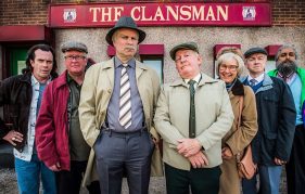Scottish TV: image of Still Game cast standing in front of The Clansman pub.