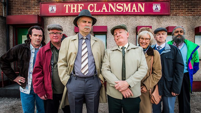 Scottish TV: image of Still Game cast standing in front of The Clansman pub.