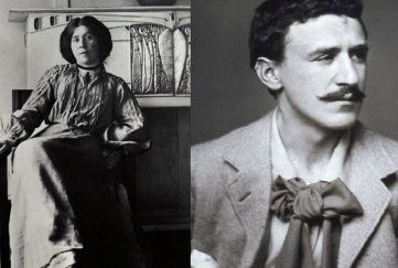 Charles Rennie Macintosh's love letters to his wife Margaret. Images features two separate pictures of the two. Margaret is photographed sitting on a chair in Hill House designed by the pair. Charles is dressed in a suite wearing a big flowy bow tie. His picture is just a headshot and he has a handlebar moustache. Both images are black and white.