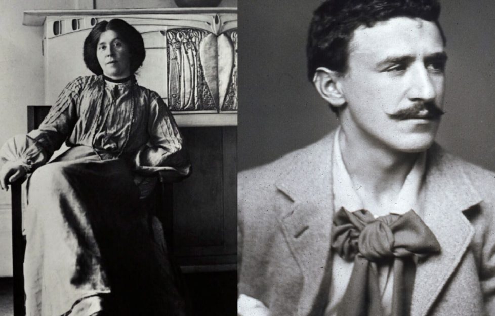 Charles Rennie Macintosh's love letters to his wife Margaret. Images features two separate pictures of the two. Margaret is photographed sitting on a chair in Hill House designed by the pair. Charles is dressed in a suite wearing a big flowy bow tie. His picture is just a headshot and he has a handlebar moustache. Both images are black and white.