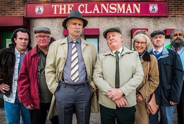 Best Scottish TV sitcom goes to Still Game. Image show the Still Game cast standing in front of their local pub The Clansman.