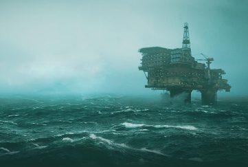 Screengrab from 'Still Wake the Deep' Scottish Horror video game. Image shows the isolated oil rig off in the middle of a choppy and stormy North Sea.