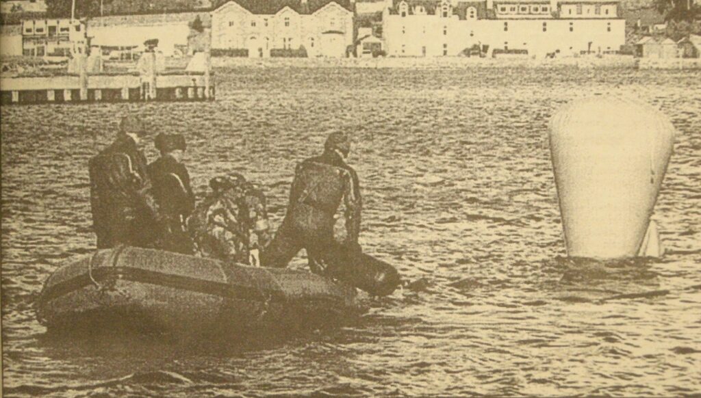 In 1997: AB Diver ‘Bungy’ Williams, Lt Adrian Dann, PO Diver Harry Wallace and ABDiver ‘Buster’ Brown, members of the Northern Diving Team from Faslane with the recovered MMK5 mine.