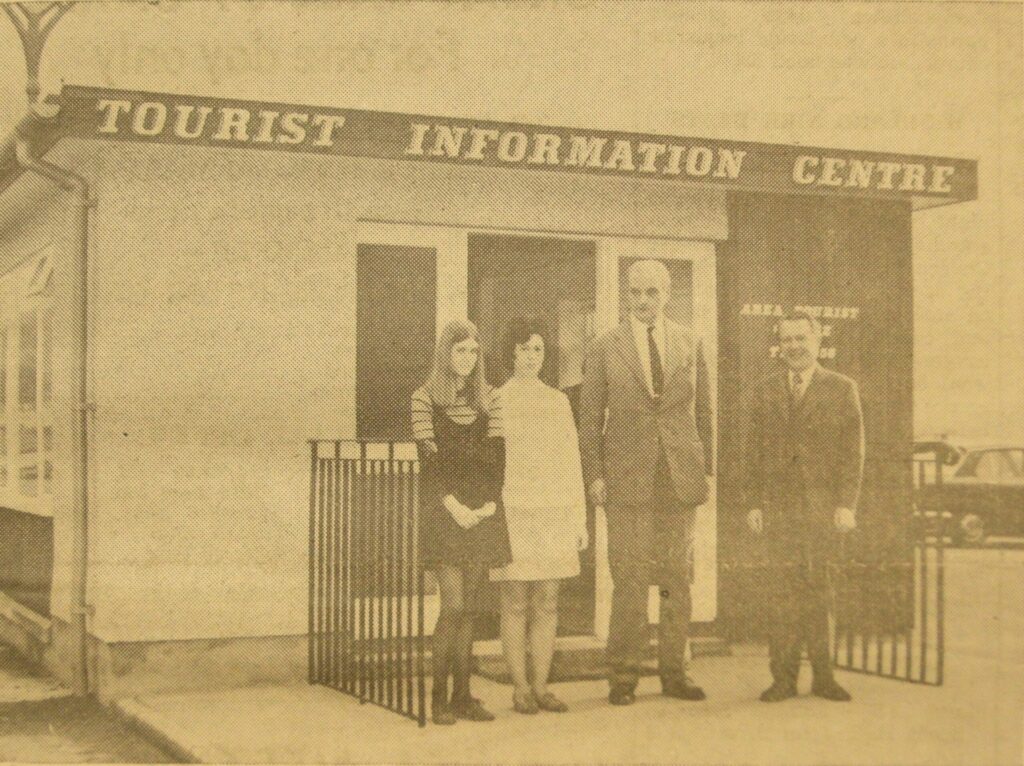 In 1972: Pictured at the opening of Campbeltown’s new Tourist Association headquarters: Miss Muriel Coutts and Mrs Maureen McKerral, who have already dealt with 3,000 inquiries this year; Sir James McKay who opened the building and Mr Lachlan McKinnon, tourist officer.