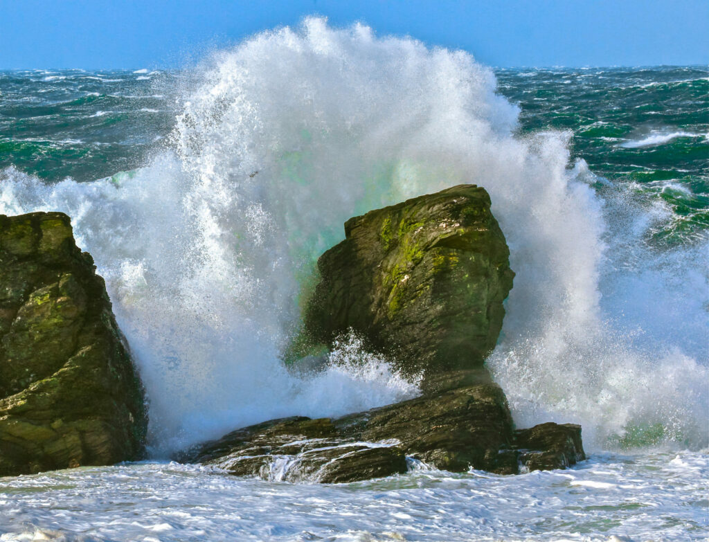 Bob Goodman captured this photograph of massive waves crashing against rocks at Putechan during one spell of wild weather.
