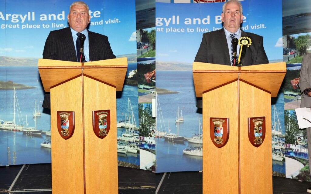 Councillors Donald Kelly, left, and John Armour, right, have been re-elected. Councillor MacPherson submitted apologies. Photographs: Kevin McGlynn.