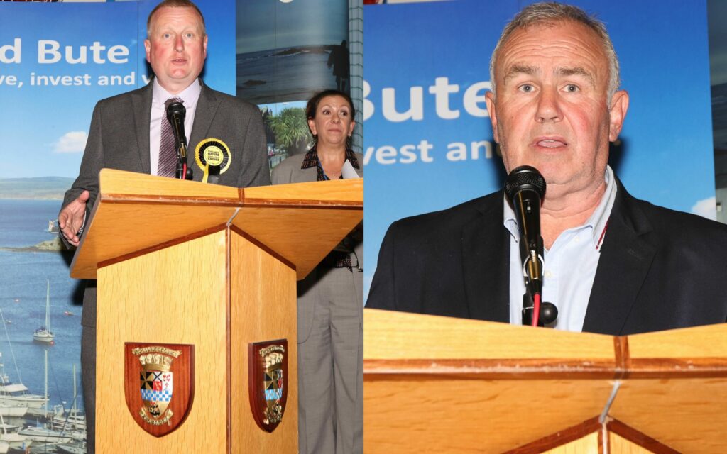 Councillors Dougie McFadzean, left, and John McAlpine. Councillor Robin Currie arrived at the election count just after the result had been announced and did not speak on the stage. Photographs: Kevin McGlynn.