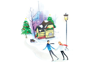 A snowy scene with house and a couple outside A couple at Christmas Illustrations throughout: Celine Wong