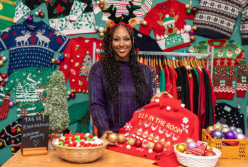 © Jeff Moore: Alexandra Burke is pictured in a personalised ‘Elf in the Room’ jumper, in a humorous nod to her iconic ‘elephant in the room’ meme, to launch Save the Children’s ‘Jazz Your Jumper’ pop up store at Westfield London
