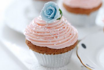 Pastel cupcake recipe, pink iced cupcake with blue flower