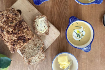 Sweetcorn soup and homemade bread