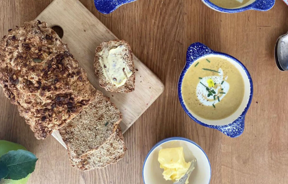Sweetcorn soup and homemade bread