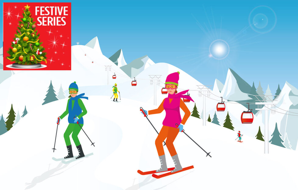 Couple skiing in the mountains against blue sky, Winter sport and recreation,winter holiday vacation and Ski resort concept vector illustration.