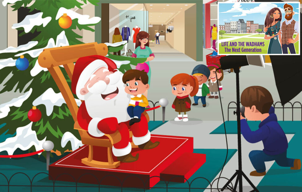 A vector illustration of kids lining up in the mall waiting to take pictures with Santa Claus