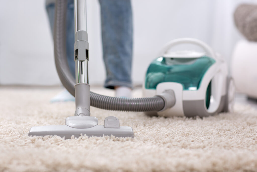 Cleaning carpet with vaccum cleaner at home; 