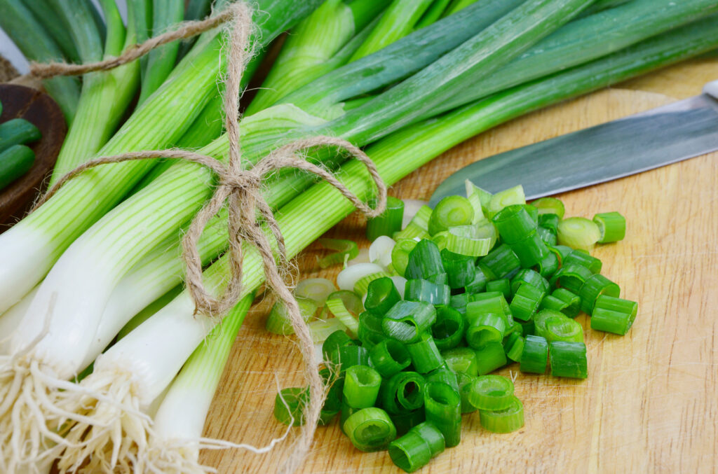 Spring onions are rich in vitamins,minerals and natural compound. Green onions or Spring onions on wooden board cutting.; 