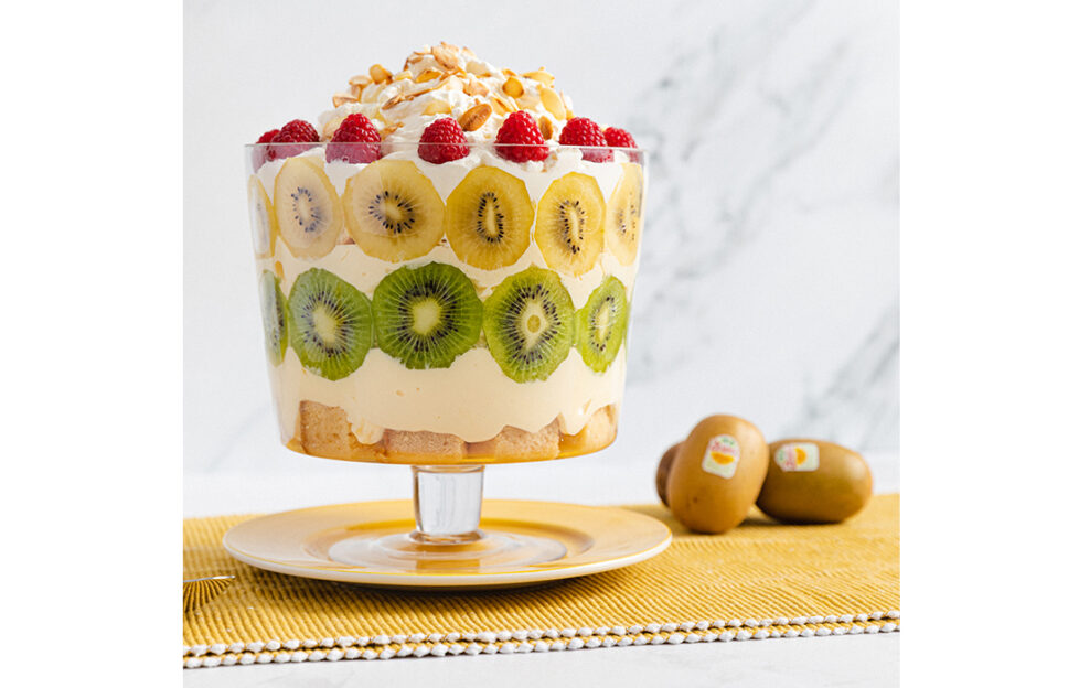 Trifle decorated with kiwi fruit