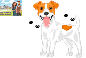 illustration of lively white and tan jack russell, tongue out