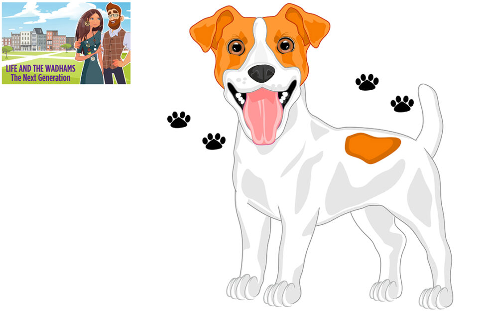 illustration of lively white and tan jack russell, tongue out