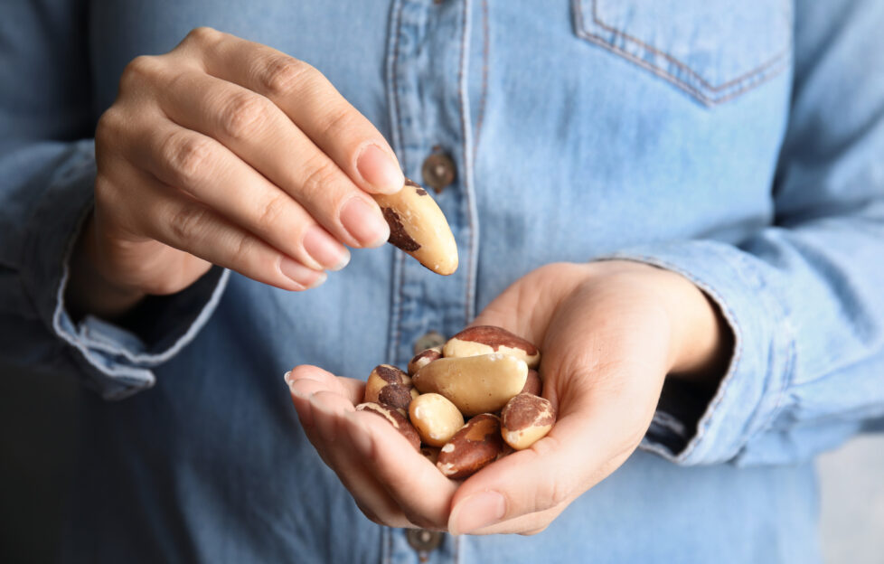 Woman holding delicious Brazil nuts, closeup view;