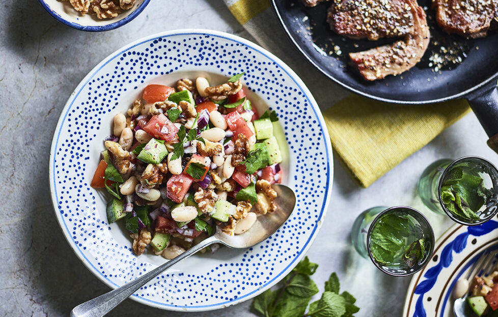 turkish bean salad with walnuts and cucumber