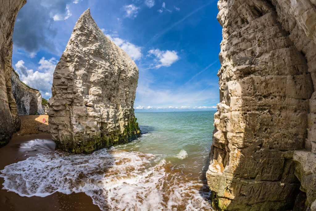 The beach and iconic cliffs at Botany Bay, near Margate and Broadstairs, Thanet District, East Kent, about 80 miles from London, England.