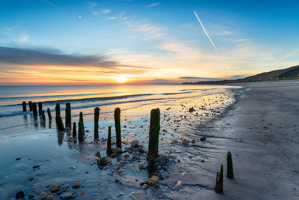 Stunning sunrise over Sandsend Beach near Whitby on the North Yorkshire Heritage Coast