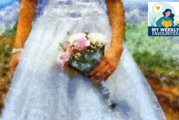 Small bouquet held against bride's dress, painting effect
