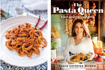 The Pasta Queen cookbook and spaghetti on a plate