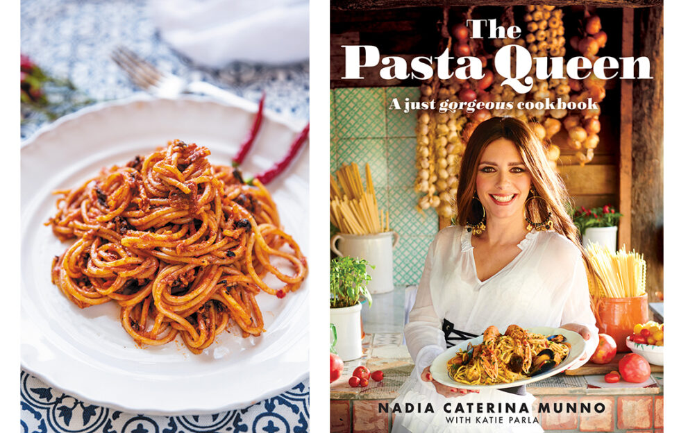 The Pasta Queen cookbook and spaghetti on a plate