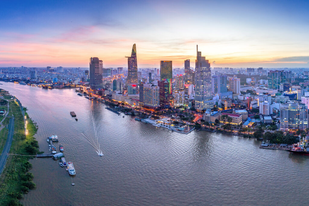 aerial view of Ho Chi Minh city, Vietnam. Beauty skyscrapers along river light smooth down urban development in Ho Chi Minh City