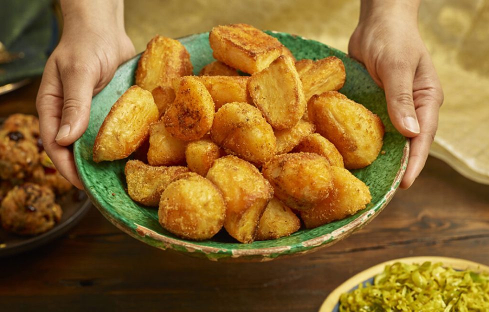 Roast potatoes, stuffing balls and stir fried sprouts