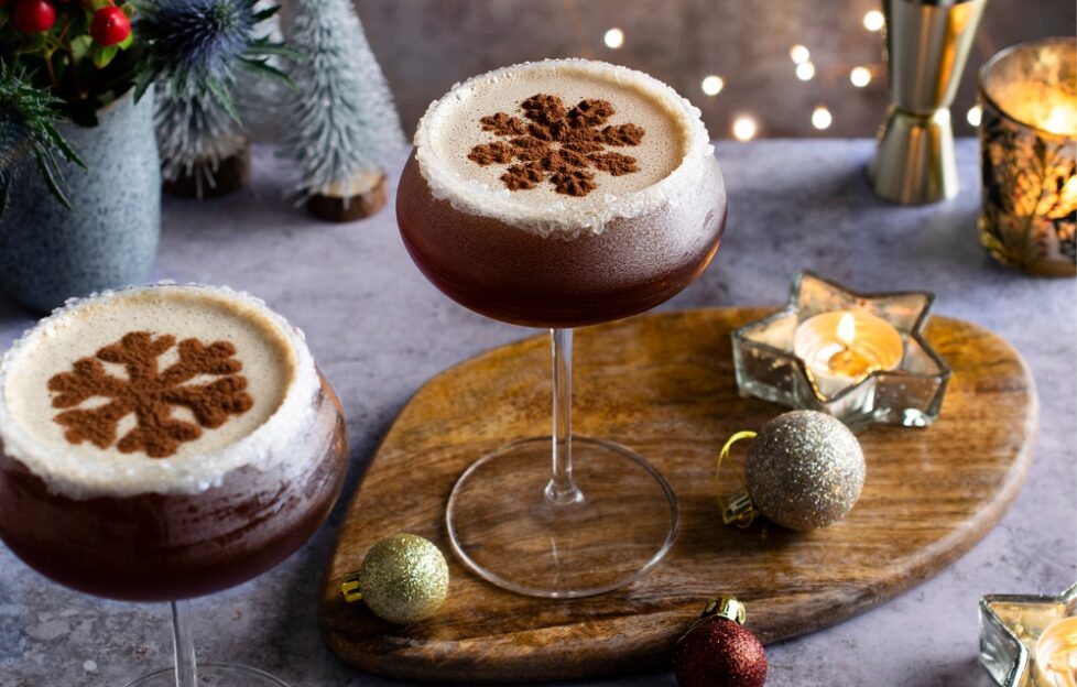 An espresso martini Christmas cocktail in two cocktail glasses