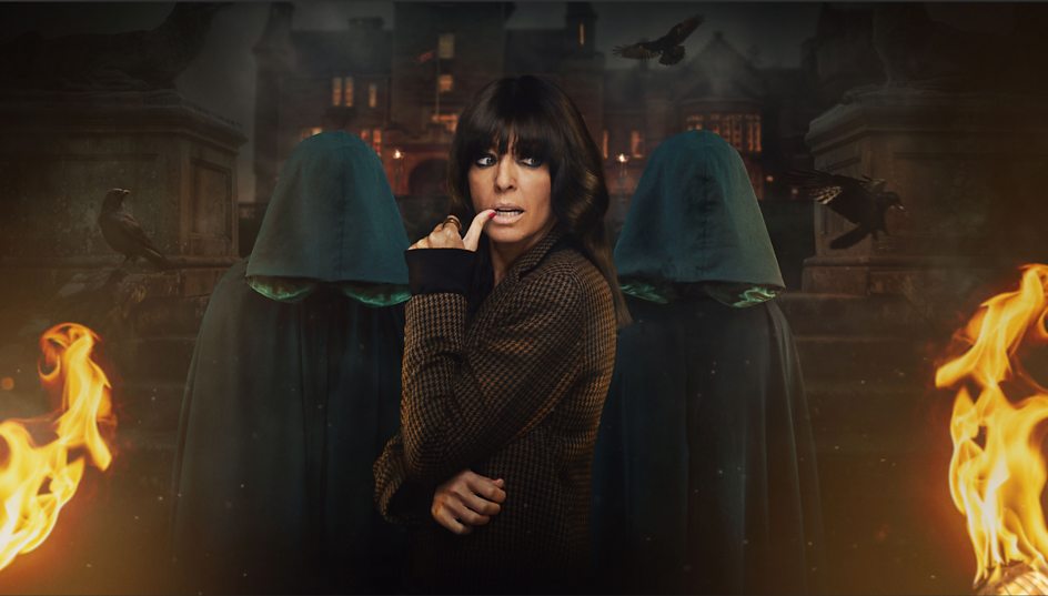 The Traitors series 2 coming January. Image of Claudia Winkleman standing in front of two cloaked figures with a castle backdrop.