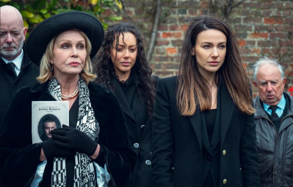 New Tv Shows January 2024. Image: a still from the new Netflix thriller Fool Me Once, shows actors Joanna Lumley and Michelle Keegan in a funeral setting.