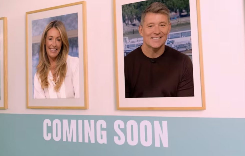 This morning presenters announce. Image is a screengrab from the announcement video. image shows framed photos of Cat Deeley as Ben Shephard in the show's production corridor. hanging over the words "coming soon." Cat is smiling with her shoulder length blonde hair and wearing a white blouse. Ben Shephard is also smiling wide in his headshot, wearing a black round-neck top.
