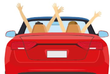 A red car with two women with hands in the air to illustrate a short story about family
