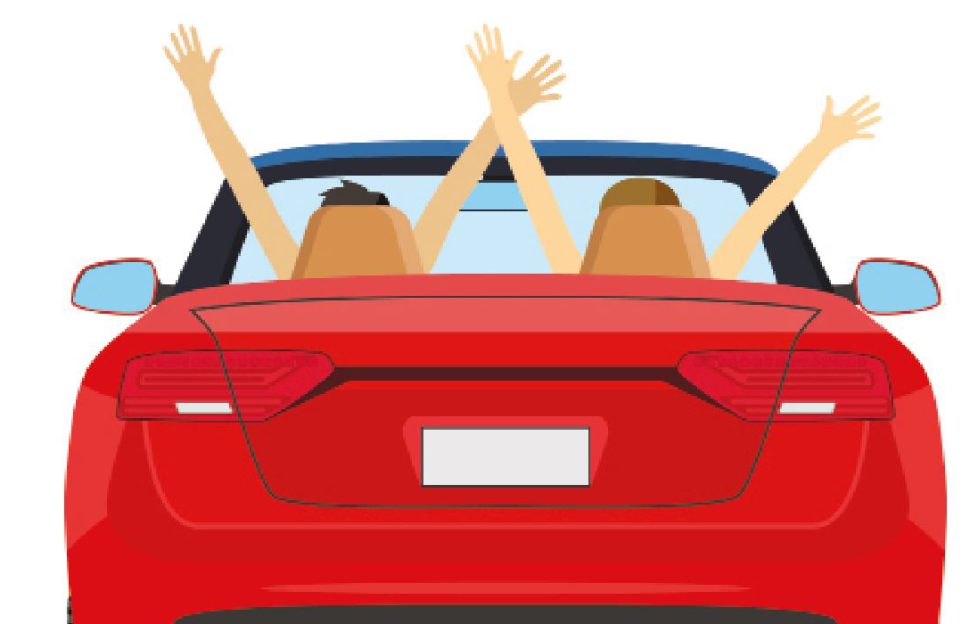 A red car with two women with hands in the air to illustrate a short story about family