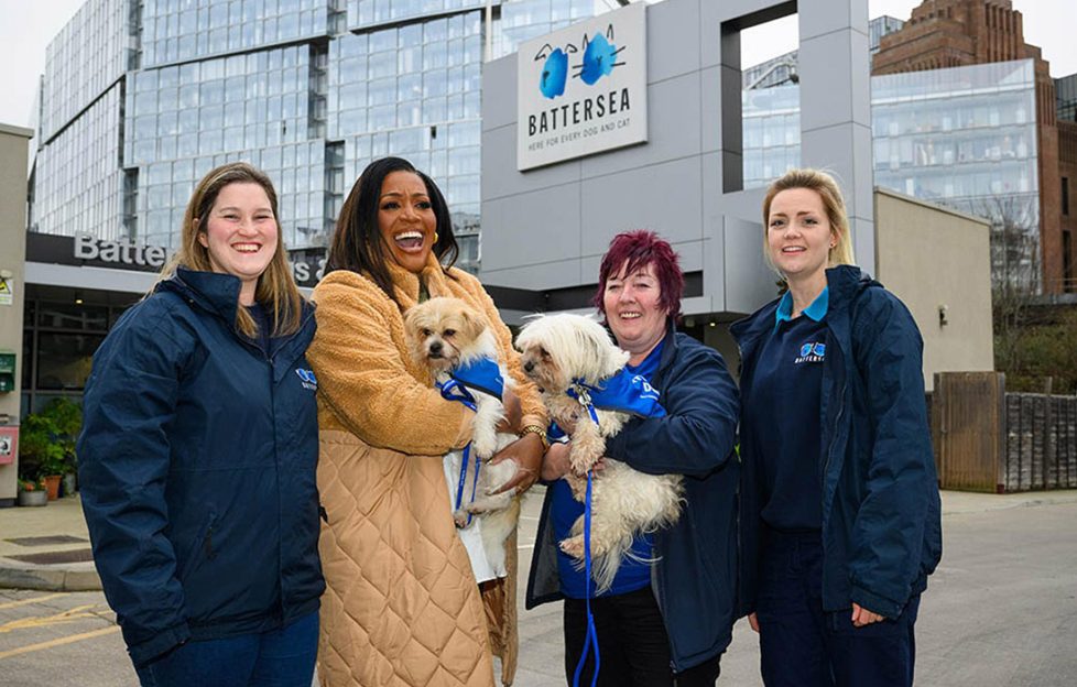 Alison Hammond meets the Battersea Team (l-r) Nat Ingham Canine Behaviour Manager, Alison Hammond, Ali Taylor Battersea Head of Animal Behaviour and Becky Verne Rehoming Welfare Manager with Battersea Rescue Dogs Pip and Olive
