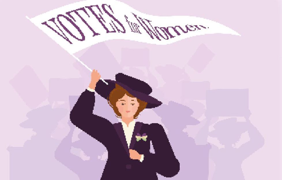 Lady waving a votes for women flag in long skirts for romantic short story Making a Splash