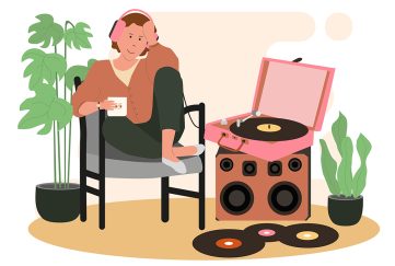 Illustration for romantic short story Breakfast with Timothy, with woman sitting listening to a vinyl record