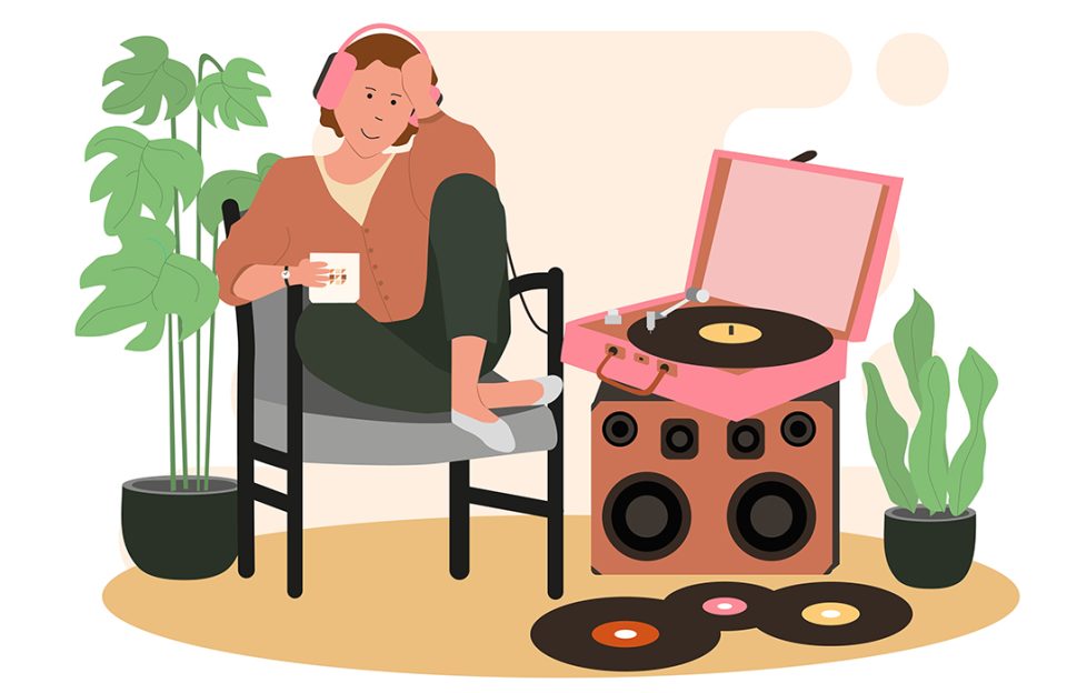 Illustration for romantic short story Breakfast with Timothy, with woman sitting listening to a vinyl record