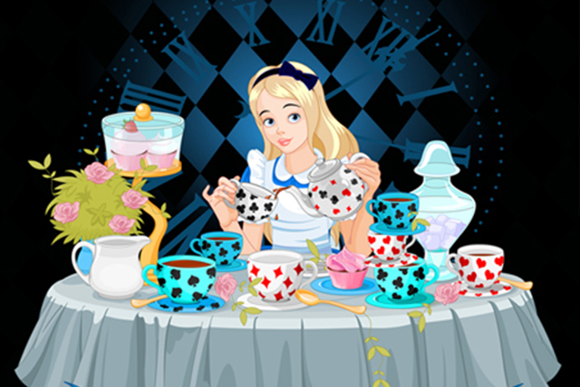 Alice in Wonderland character pouring a cup of tea
