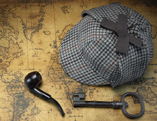 Deerstalker Sherlock Holmes Hat, Vintage Key And Smoking Pipe 
