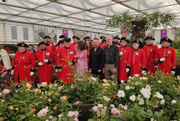 Chelsea Pensioners in their scarlet uniforms at the Chelsea Flower Show