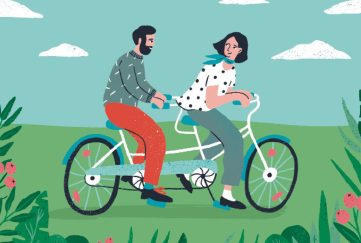 Illustration of man and woman riding a tandem bike.