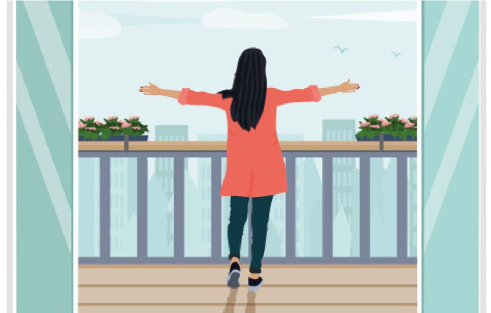 Illustration of woman in looking out over balcony from uplifting short story.