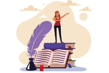 Illustration of woman performing, standing on top of books.