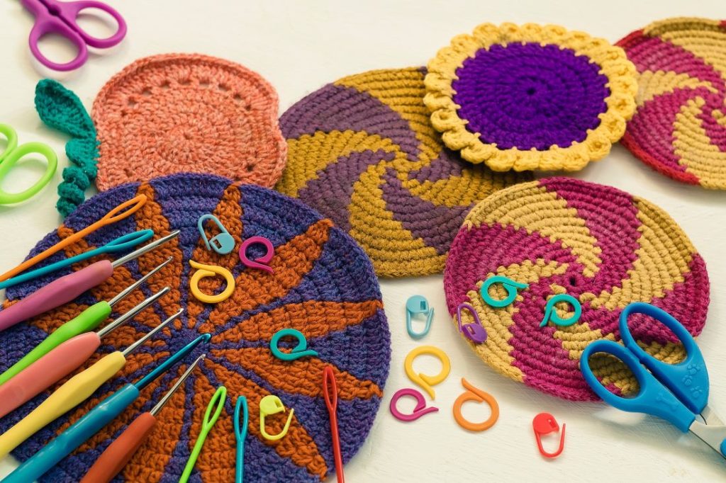 Crochet materials on a table.